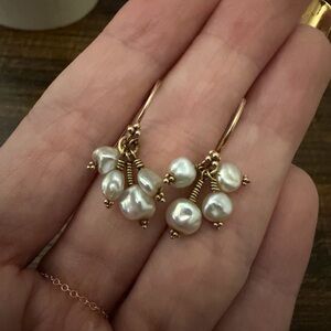 10kt solid gold and pearl cluster dangle wire hook earrings tiny beads design